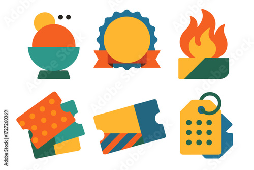Colorful Retail Icon Set. Retail Promotion Stickers set of icons in abstract flat : new arrival sticker, best seller badge, hot deal sticker, buy one