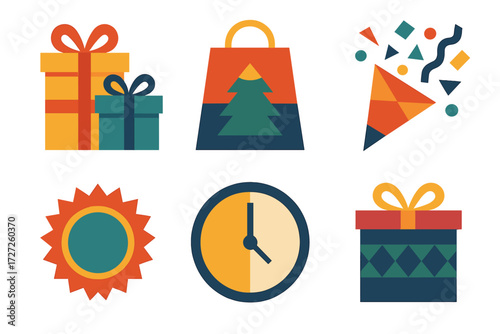 Festive Shopping Icons. Holiday Spree set of icons in abstract flat : wrapped gifts, festive bag, confetti, sale badge, limited time clock, decorated