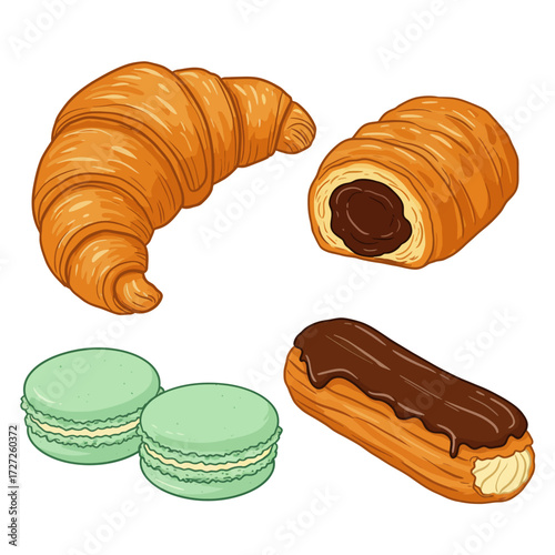 Illustration of French pastries croissant pain au chocolat macarons and eclair