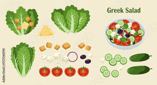 Illustration of Greek salad ingredients displayed around a finished bowl