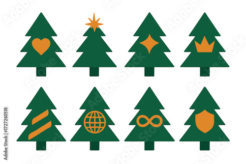 Symbolic Christmas Trees. Symbolic Trees set of icons in abstract flat : Christmas tree with heart, Christmas tree with starburst, Christmas tree