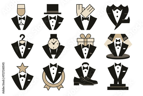 Tuxedo Icons. Formal Tuxedos set of icons in abstract flat : tuxedo with champagne glass, tuxedo with top hat, tuxedo with gloves, tuxedo with cane,