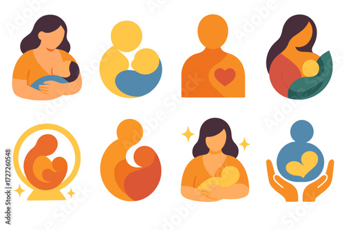 Parenthood care flat icon set. featuring mom, dad, baby, heart, family, embrace, love, nurture, and bond icons.