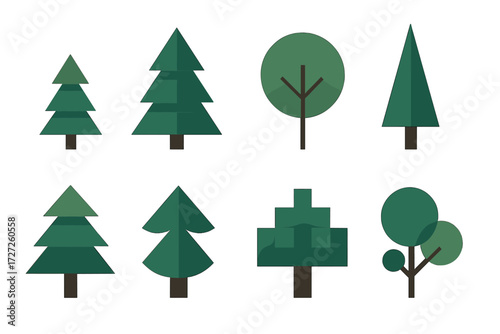 Tree Icons. Tree Variations set of icons in abstract flat : small Christmas tree, large Christmas tree, round tree, tall narrow tree, layered tree,