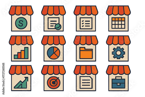 Thrift Shop Icons. Business Thrift Shops set of icons in abstract flat : thrift shop with dollar sign, thrift shop with contract, thrift shop with
