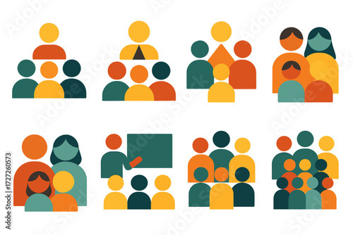 User Role Icons. User Roles set of icons in abstract flat : admin with group, leader with group, team group, family group, friends group, business