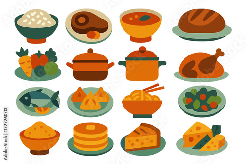 Food Icons. Traditional Dish Basics set of icons in abstract flat : bowl of rice, plate with meat, soup bowl, bread loaf on plate, vegetable platter