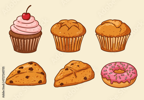 Six baked goods displayed in two rows cupcake two muffins two scones and a donut