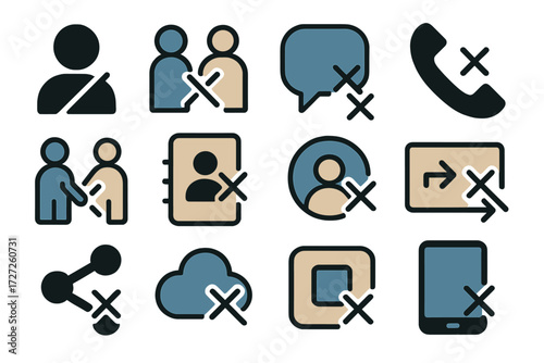 Abstract Unlink Icons. User Access Unlink set of icons in abstract flat : unlink profile, unlink group, unlink chat, unlink call, unlink friend,