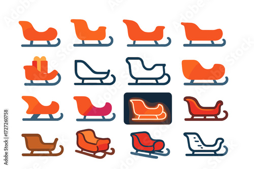 Sleigh Icons Collection. Sleigh Basics set of icons in abstract flat : simple sleigh, sleigh side view, sleigh with runners, empty sleigh, filled