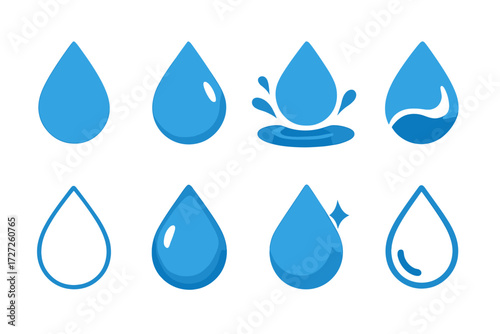 Water Droplet Icons. Basic Water Droplets set of icons in abstract flat : simple water droplet, large water droplet with shine, water droplet with