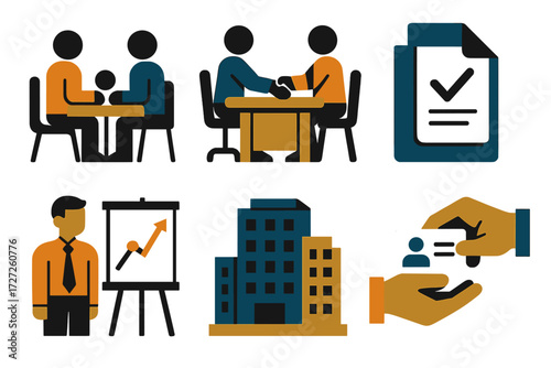 Corporate Icons Set. Corporate Relations set of icons in abstract flat : client meeting, handshake at desk, agreement folder, presentation chart,