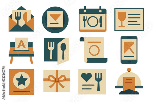Elegant Dinner Invites. Dinner Invite Variations set of icons in abstract flat : envelope with fork and knife, plate with invitation card, calendar