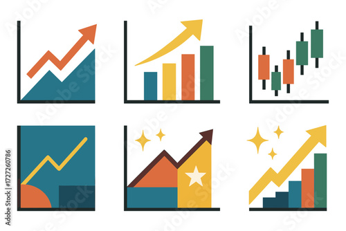 Abstract Investment Icons. Investment Graph set of icons in abstract flat : line graph with upward arrow, bar graph with growth, candlestick chart,