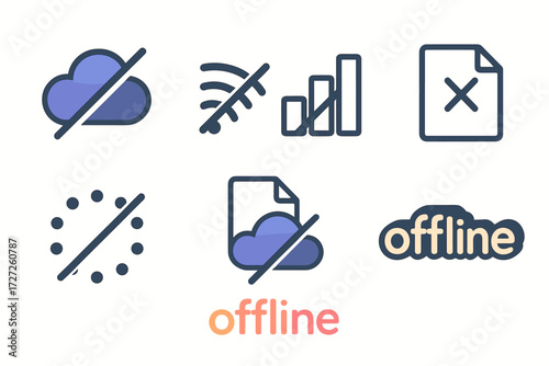 Abstract Offline Icons. Offline Variations set of icons in abstract flat : cloud with slash, signal bars crossed out, offline folder, offline page