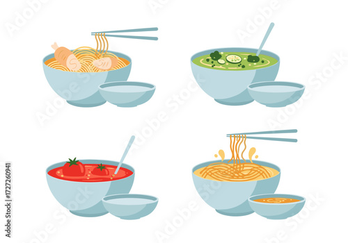 Four Bowls of Delicious Asian Noodle Soup Dishes.