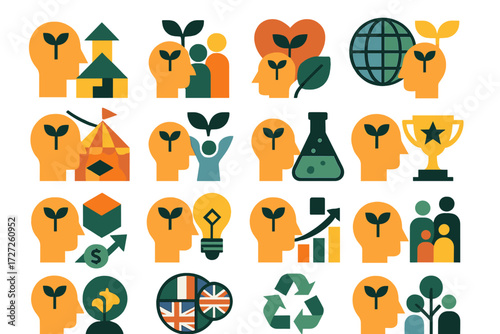 Mind Growth Icons. Event Mind Growth set of icons in abstract flat : mind growth school project, mind growth community event, mind growth charity
