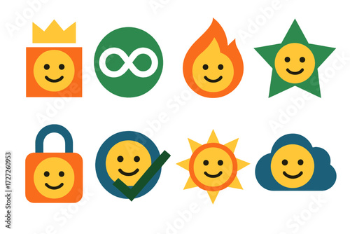 Emotional Check-In Icons. Wellness Indicators set of icons in abstract flat : emotional check-in with crown, emotional check-in with infinity,