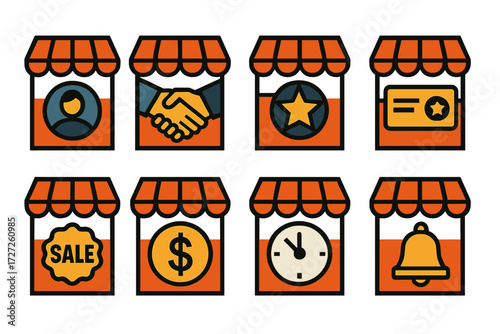 Customer Experience Icons. Customer Experience set of icons in abstract flat : in-store with customer profile, in-store with handshake, in-store with