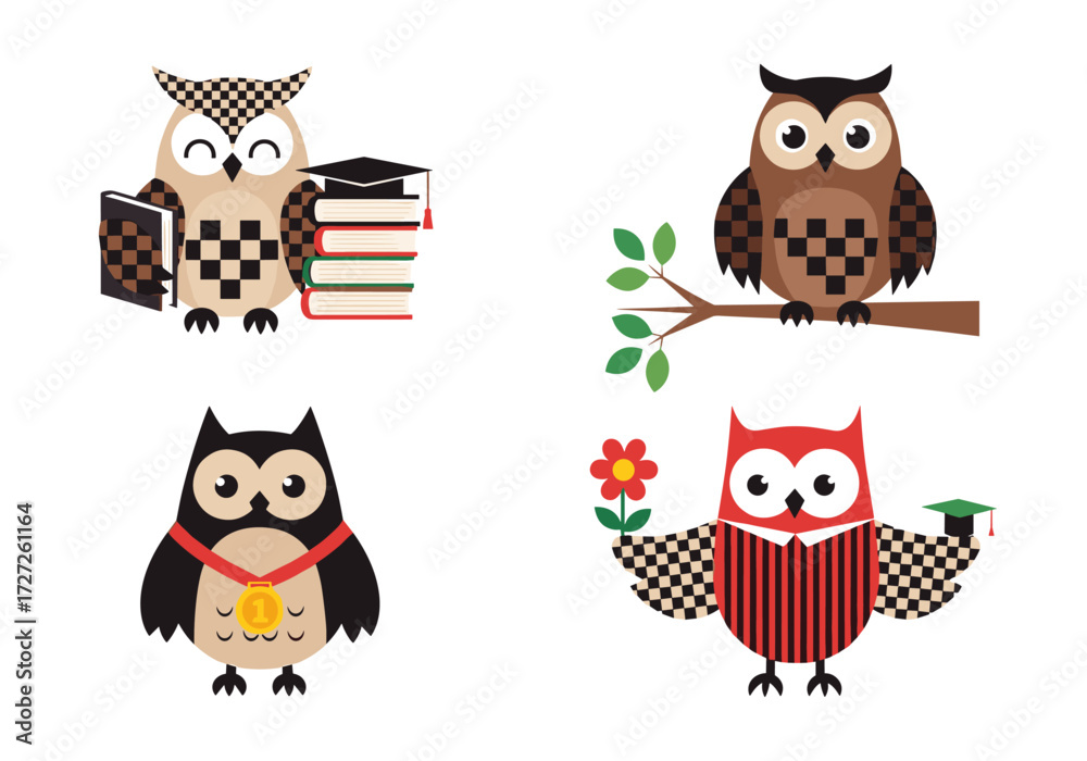 Obraz premium Cute Cartoon Owls Collection Representing Education and Wisdom.