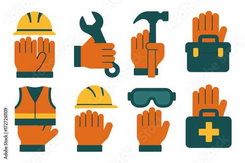 Work Safety Icons. Safety Context set of icons in abstract flat : work gloves with helmet, work gloves with wrench, work gloves with hammer, work