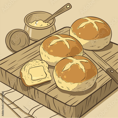 Freshly baked bread rolls with butter on a wooden board, ready to be served and enjoyed