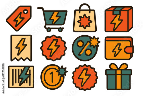 Shopping and discounts flat icon set. featuring tags, carts, bags, boxes, wallets, and gifts