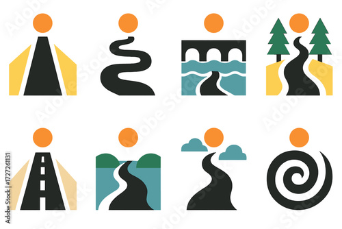 Journey Icons. Journey Variations set of icons in abstract flat : short path, long winding path, bridge crossing, forest trail, desert road, river