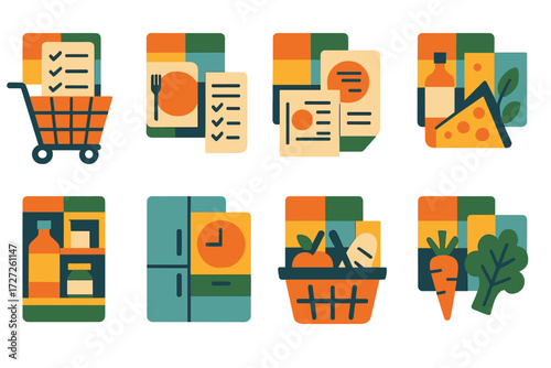 Meal Planning Icons. Food & Grocery Context set of icons in abstract flat : meal planning with shopping cart, meal planning with grocery list, meal