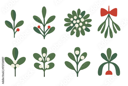 Mistletoe Icons. Mistletoe Variations set of icons in abstract flat : small mistletoe sprig, large mistletoe sprig, round mistletoe bunch, hanging