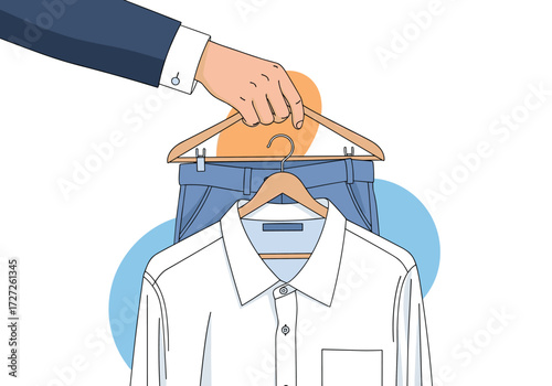 Man holding a shirt and jeans on hangers.