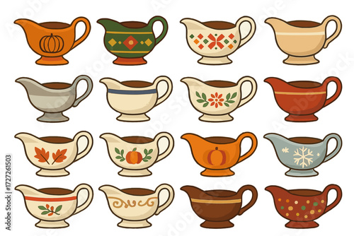 Holiday Gravy Boat Icons. Holiday Gravy Boats set of icons in abstract flat : Thanksgiving gravy boat, Christmas gravy boat, festive decorated gravy