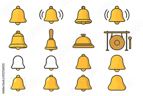 Bell Icons Collection. Strike Bell Basics set icons in modern isometric flat : simple bell, ringing bell, hanging bell, bell with sound waves, large