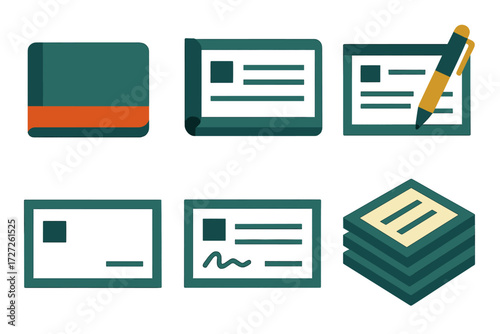 Checkbook Icons. Classic Checkbooks set of icons in abstract flat : closed checkbook, open checkbook with lines, checkbook with pen, blank check