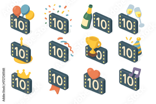 Isometric Countdown Icons. Celebration Countdown Lights set icons in modern isometric flat : countdown with balloons, countdown with confetti,