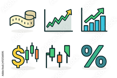 Modern Stock Ticker Icons. Classic Stock Tickers set icons in modern isometric flat : ticker tape strip, stock graph line, bar chart with arrow,