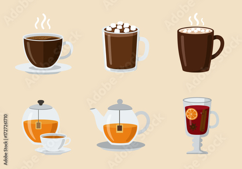 Six hot beverage icons in two rows coffee cocoa tea and mulled wine