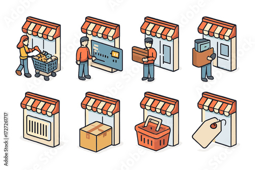 Shopping and retail isometric icon set. featuring cart, credit card, delivery, store, barcode, box, basket, and tag symbols