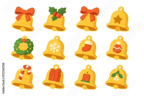 Christmas bell flat icon set. featuring holly, bow, star, wreath, snowflake, stocking, ornament, candy cane, gift, candle, mistletoe