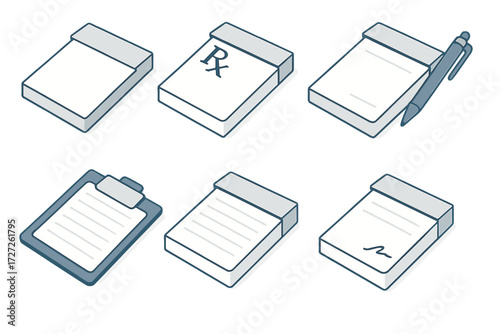 Isometric Prescription Pad Icons. Classic Prescription Pads set icons in modern isometric flat : blank prescription pad, pad with Rx symbol, pad with
