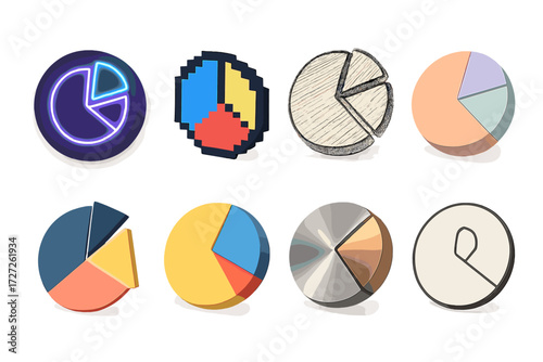 Diverse Pie Chart Styles. Creative Variations set icons in modern isometric flat : neon glowing pie chart, pixel art pie chart, hand-drawn sketch pie