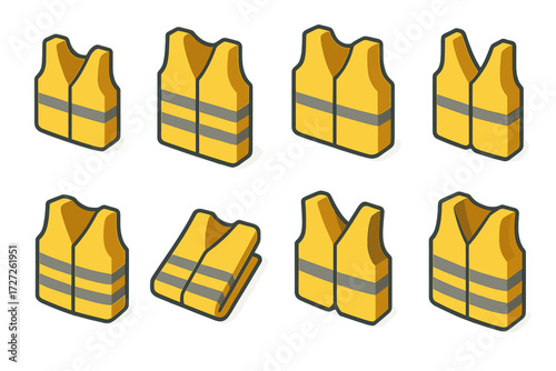 Safety Vest Styles. Vest Variations set icons in modern isometric flat : short safety vest, long safety vest, wide safety vest, slim safety vest,