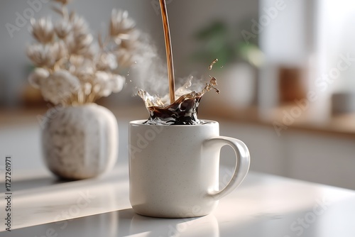 Wallpaper Mural Pouring warm coffee into a minimalist white mug in a cozy kitchen, captured in a still-life photography style with soft, natural lighting. Torontodigital.ca