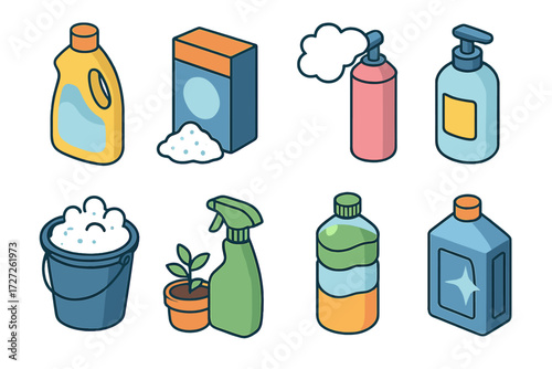 Cleaning products flat icon set. featuring detergent, soap, spray, bucket, plant, foam, bottle, box
