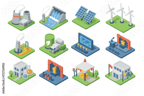 Diverse Energy Icons. Event Power Plants set icons in modern isometric flat : nuclear power plant, hydroelectric plant, solar energy plant, wind farm