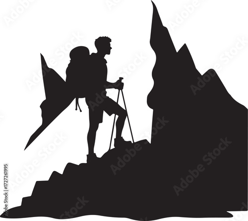 Silhouette of a hiker with backpack and poles on a rocky mountain peak
