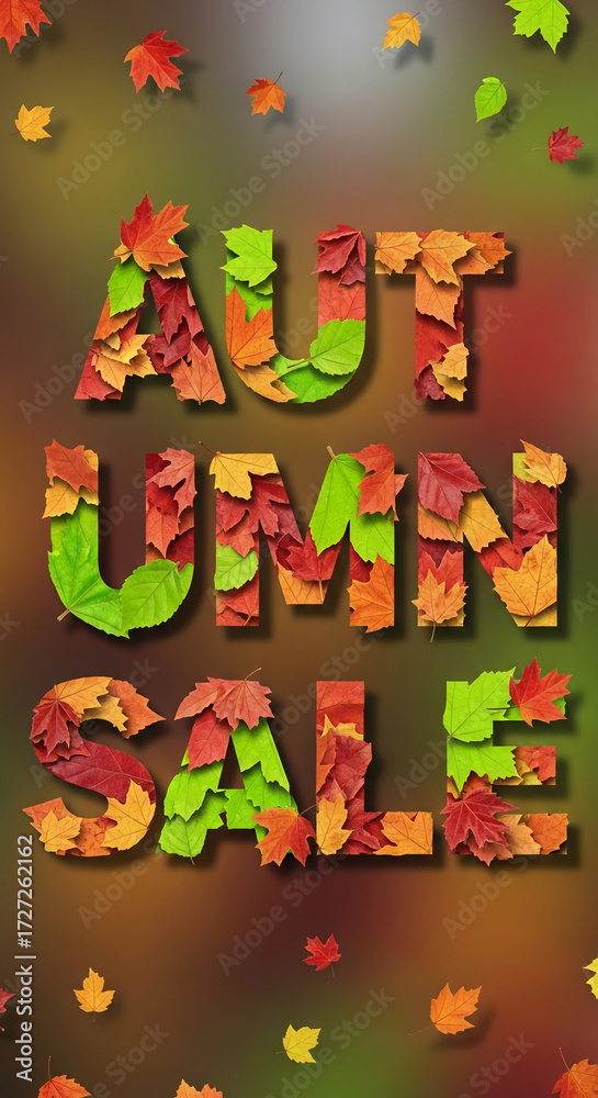 Naklejka premium Autumn sale announcement banner, words formed from colorful autumn leaves against blurred background, ideal for seasonal promotions and advertising