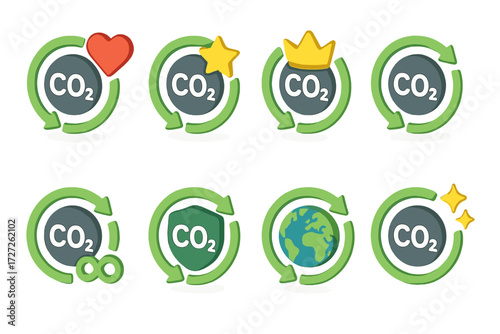 Carbon Offset Icons. Symbolic Carbon Offsets set icons in modern isometric flat : carbon offset with heart, carbon offset with star, carbon offset