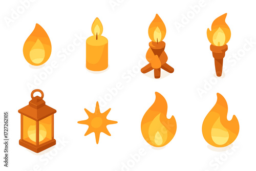 Flame Glow Icons. Basic Flame Glow set icons in modern isometric flat : single flame with aura, candle flame glow, campfire flame glow, torch flame