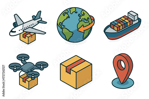 Logistics and delivery flat icon set. featuring airplane, globe, ship, drone, package, and map pin symbols